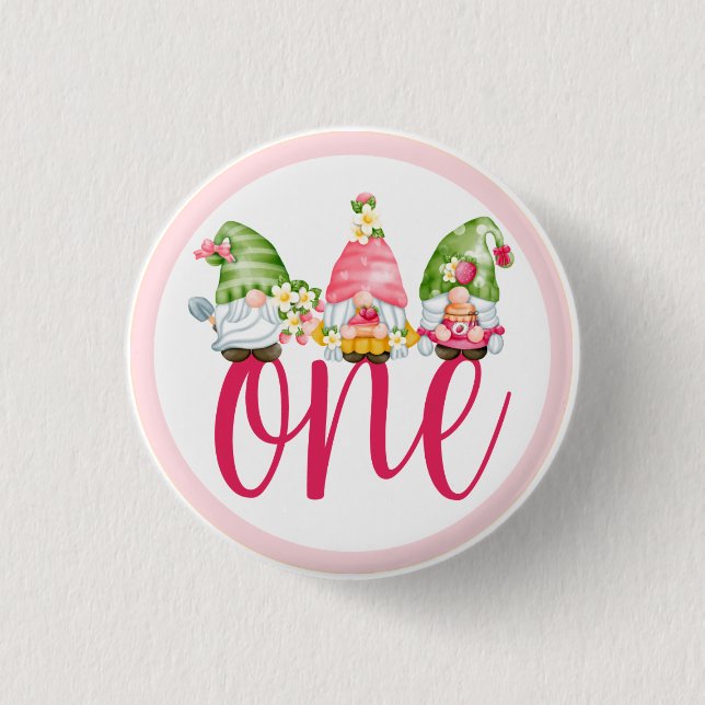Strawberry Gnome Garden Baby Girl's 1. Geburtstag Button (Vorderseite)