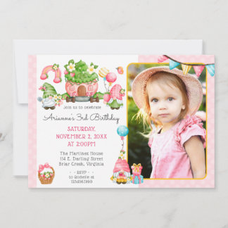 Strawberry Gnome Garden Girl's Birthday Foto Einladung