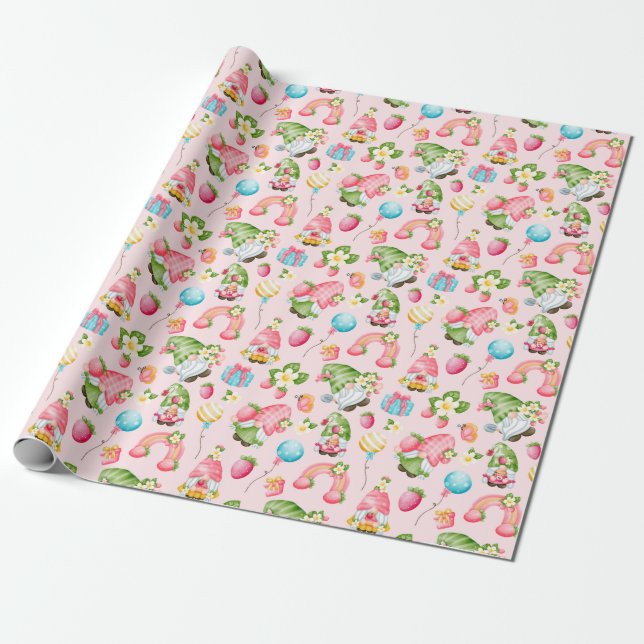 Strawberry Gnome Garden Little Girl's Birthday Geschenkpapier (Ungerollt)