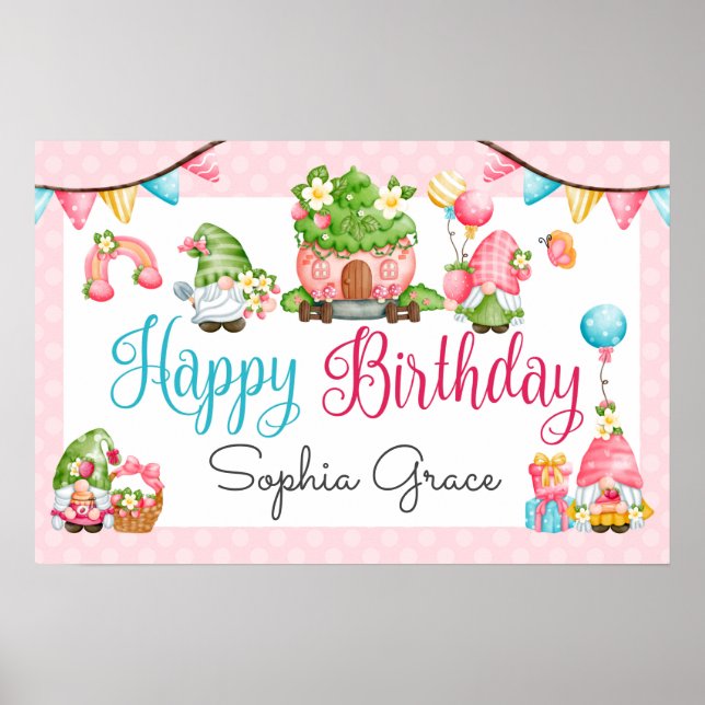 Strawberry Gnome Garden Little Girl's Birthday Poster (Vorne)