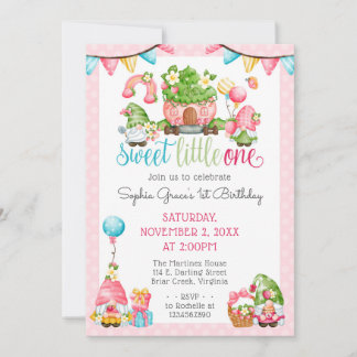 Strawberry Gnome Garden Little One 1. Geburtstag Einladung