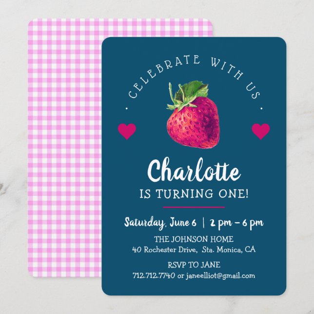 Strawberry Hearts Birthday Girl Blue Green Dankeskarte (Vorne/Hinten)