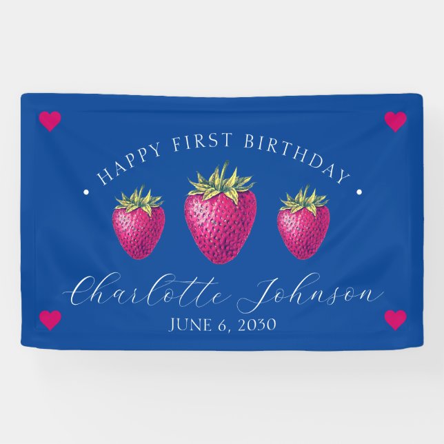 Strawberry Hearts Birthday Girl Dark Blue Banner (Horizontal)