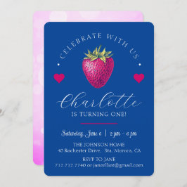 Strawberry Hearts Birthday Girl Dark Blue Dankeskarte