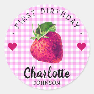 Strawberry Hearts Birthday Girl Pink Checkered Runder Aufkleber