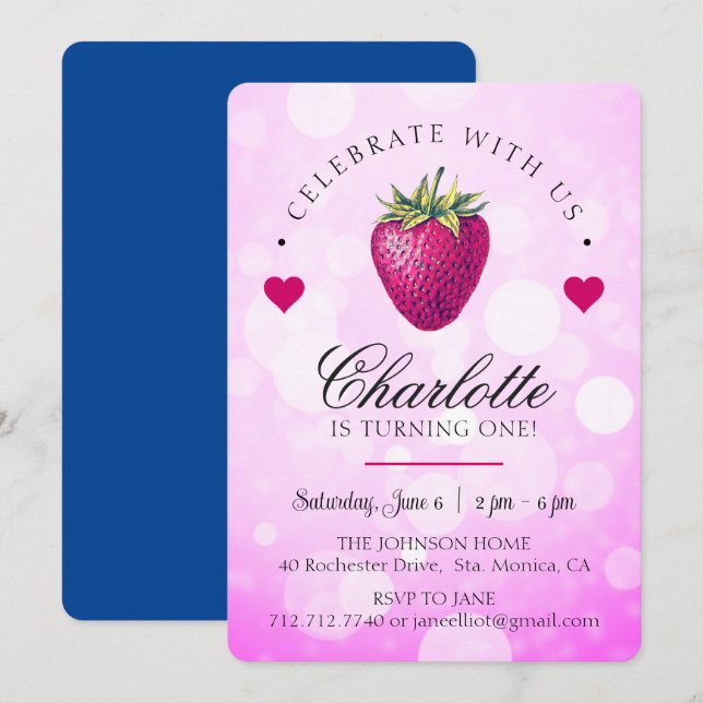 Strawberry Hearts Birthday Girl Pink Dankeskarte (Vorne/Hinten)