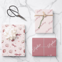Strawberry Hearts Pink Ribbon Stars Geschenkpapier Set