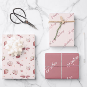 Strawberry Hearts Pink Ribbon Stars Geschenkpapier Set