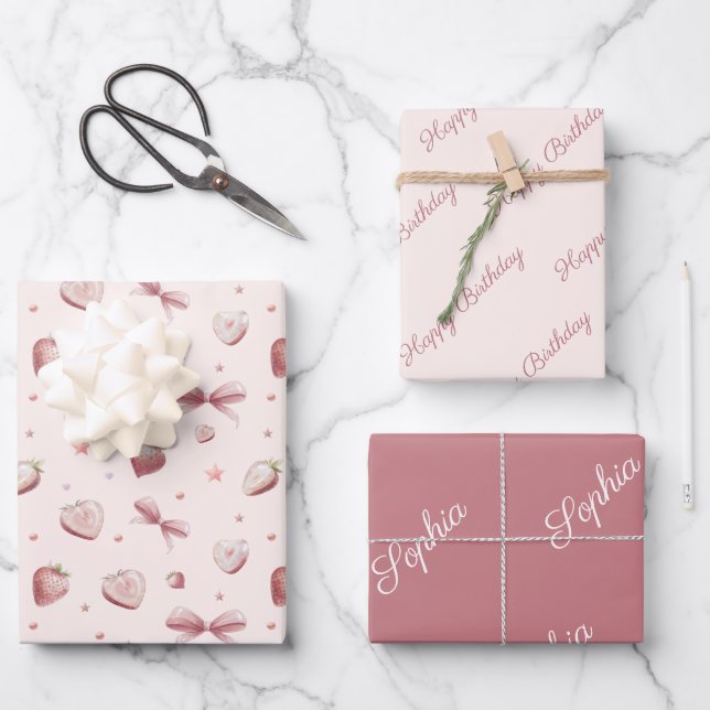 Strawberry Hearts Pink Ribbon Stars Geschenkpapier Set (Vorderseite)