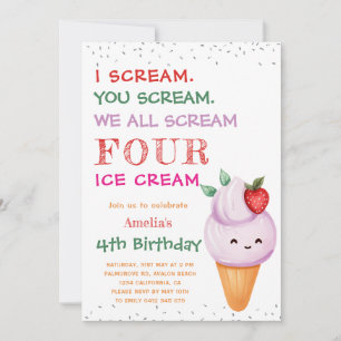 Strawberry Ice Creme Cone 4. Geburtstag Party Einladung