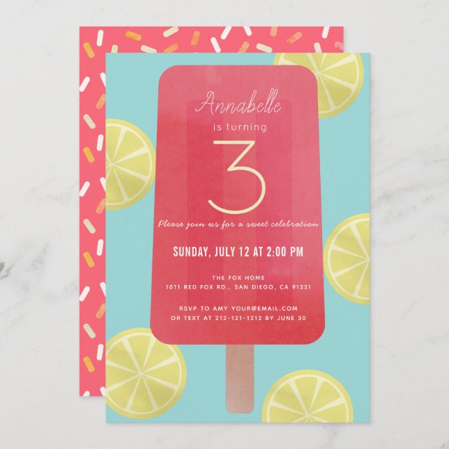 Strawberry Lemonade Popsicle Girl Birthday Einladung (Vorne/Hinten)