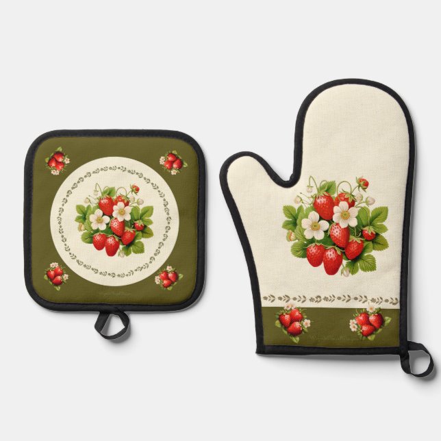 Strawberry Loden Green Bayarian Look Ofenhandschuh & Topflappen-Set (Vorderseite)