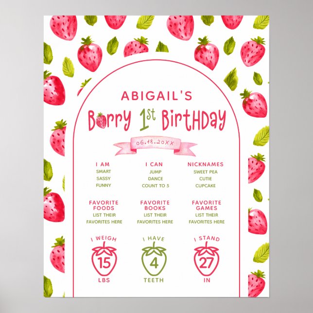 Strawberry Meilensteine Berry Erster Geburtstag Poster (Vorne)