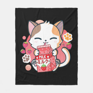 Strawberry Milk Cat Kawaii Anime Neko Gift Girls T Fleecedecke