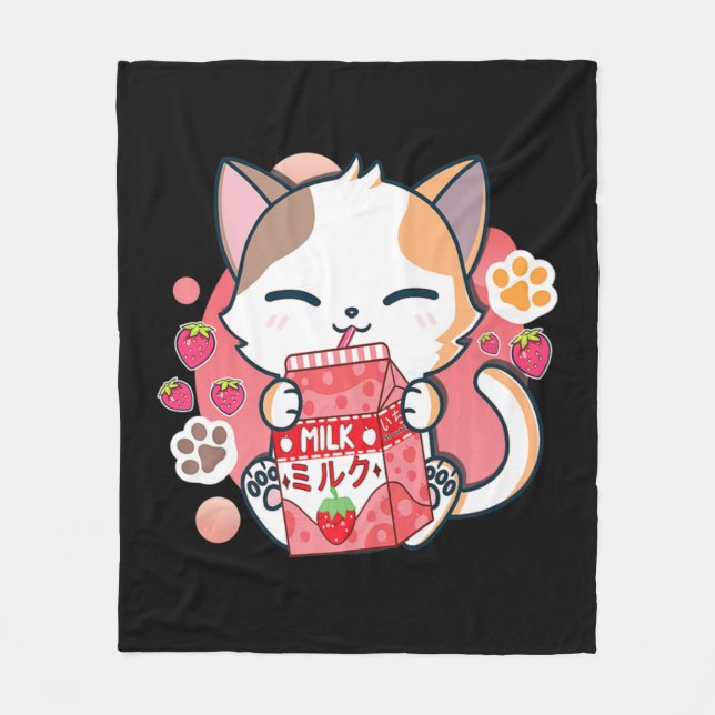 Strawberry Milk Cat Kawaii Anime Neko Gift Girls T Fleecedecke (Vorderseite)