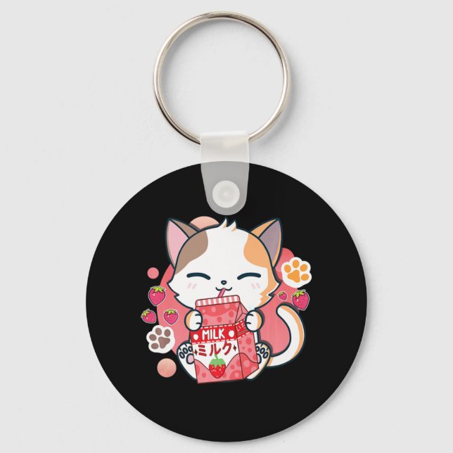 Strawberry Milk Cat Kawaii Anime Neko Gift Girls T Schlüsselanhänger (Vorderseite)