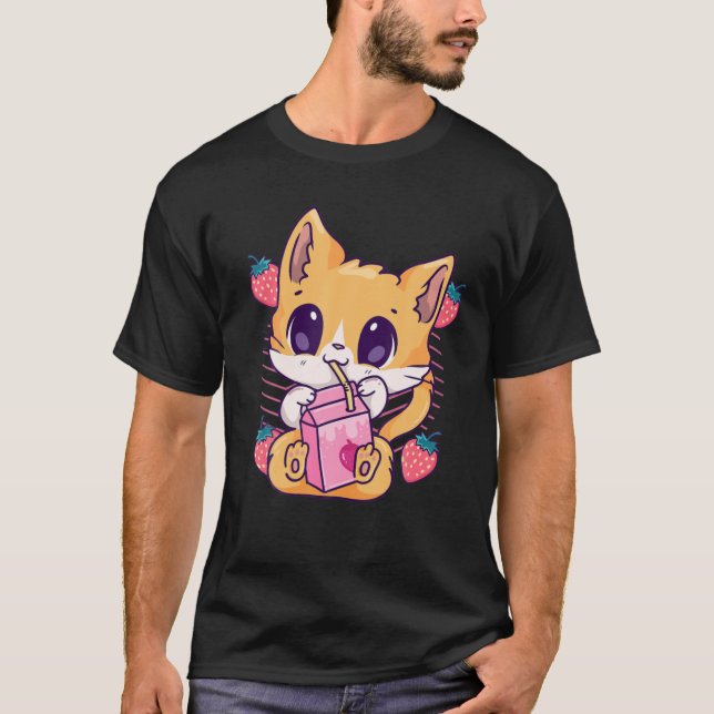 Strawberry Milk Cat Niedlich Kawaii Kitten Anime N T-Shirt (Vorderseite)