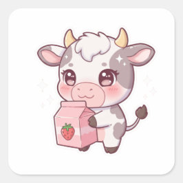 Strawberry Milk Cow – Kawaii Vibes Only! Quadratischer Aufkleber