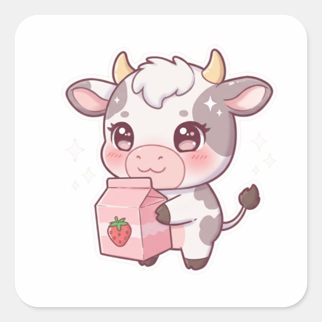 Strawberry Milk Cow – Kawaii Vibes Only! Quadratischer Aufkleber (Vorderseite)