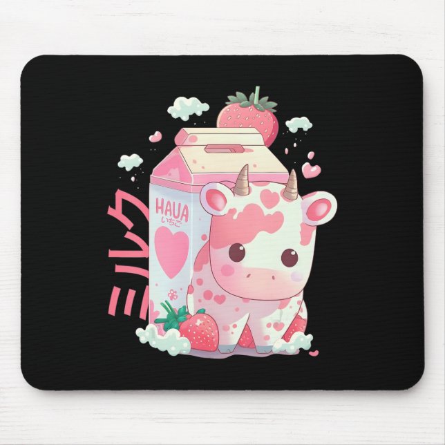 Strawberry Milk Milkshake Cow Carton Niedlich Kawa Mousepad (Vorne)