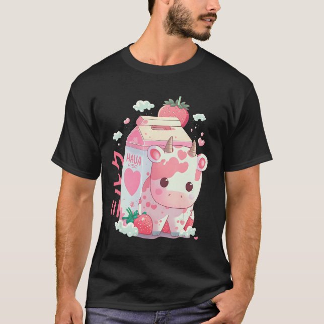 Strawberry Milk Milkshake Cow Carton Niedlich Kawa T-Shirt (Vorderseite)