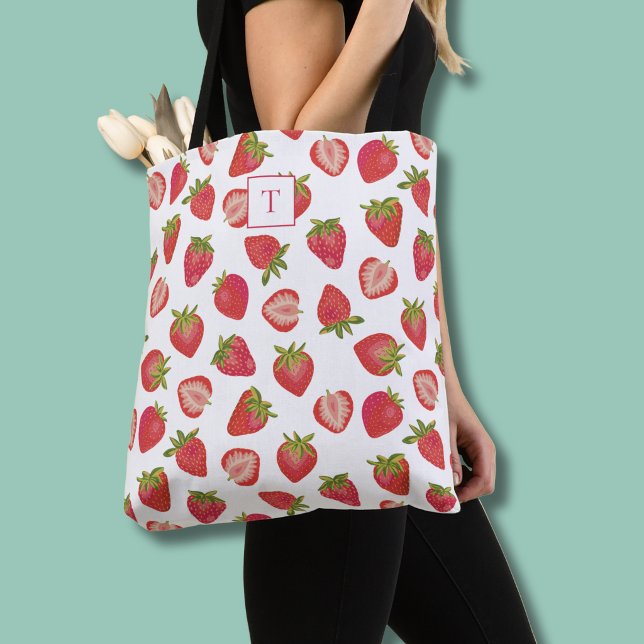 Strawberry Monogram Muster Tote Bag (Strawberry pattern monogram tote bag)