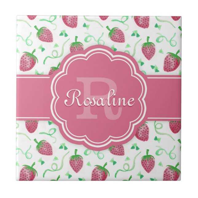 Strawberry-Muster mit Monogramm Fliese (Vorderseite)