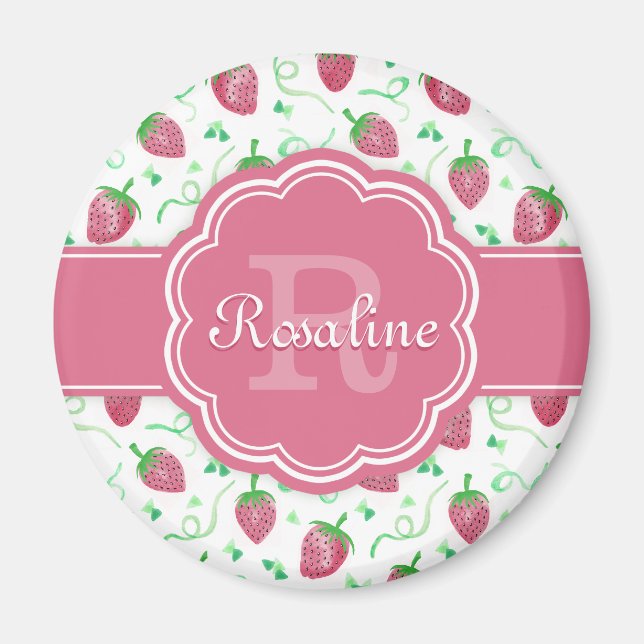 Strawberry-Muster mit Monogramm Magnet (Vorne)