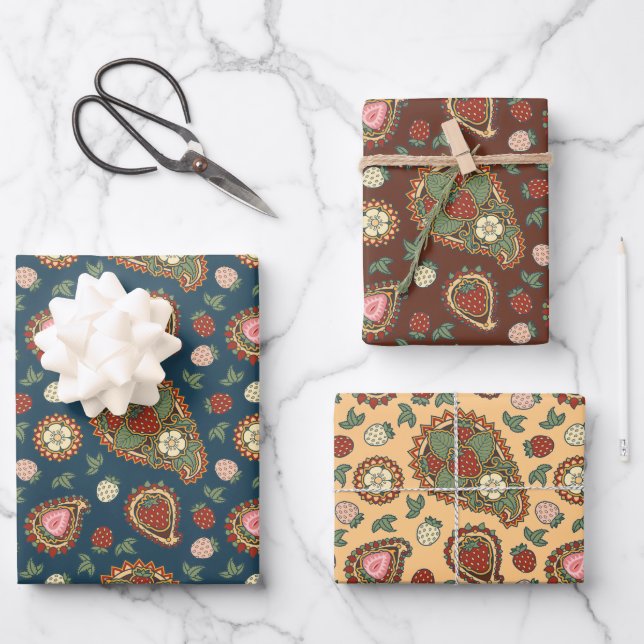 Strawberry Paisley Muster Wrapping Paper Sheets Geschenkpapier Set (Vorderseite)