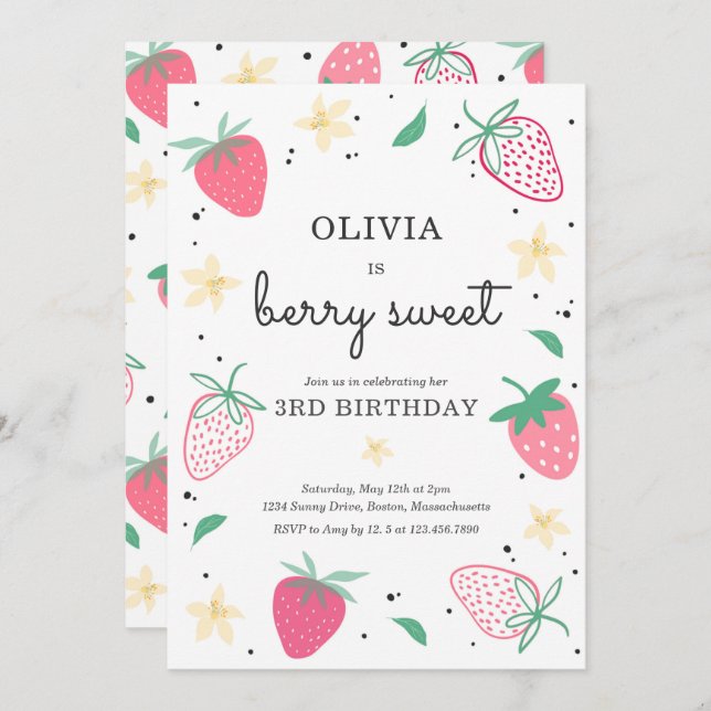 Strawberry Party Berry Sweet Strawberry Birthday Einladung (Vorne/Hinten)
