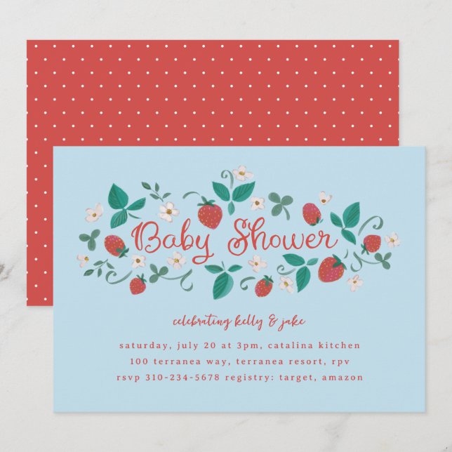 Strawberry Patch Sky Blue Baby Dusche Einladung (Vorne/Hinten)