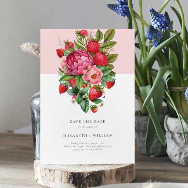 Strawberry & Peonies Summer Wedding retten das Dat Einladung (Von Creator hochgeladen)