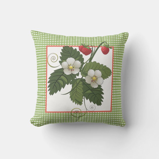 Strawberry-Pflanze mit Green Gingham Border Kissen (Vorderseite)