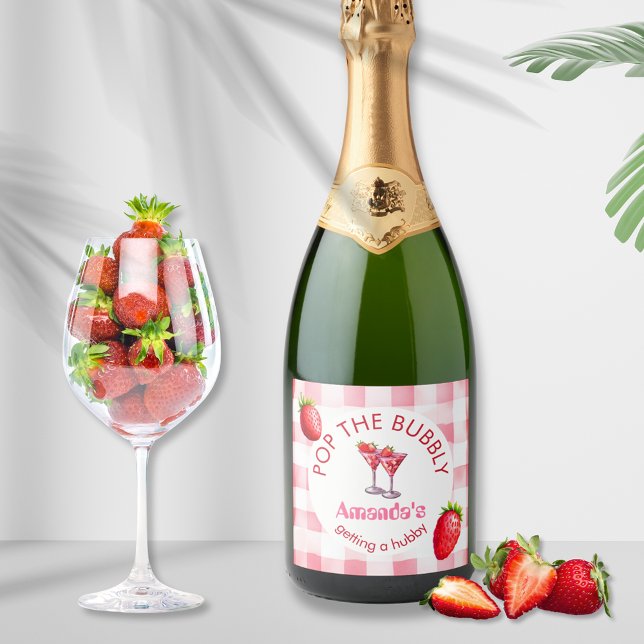 Strawberry Picnic Pop Das bubbly Bride-be-Party (Strawberry picnic Bachelorette Party sparkling wine champagne diy bottle sticker labels bride name)