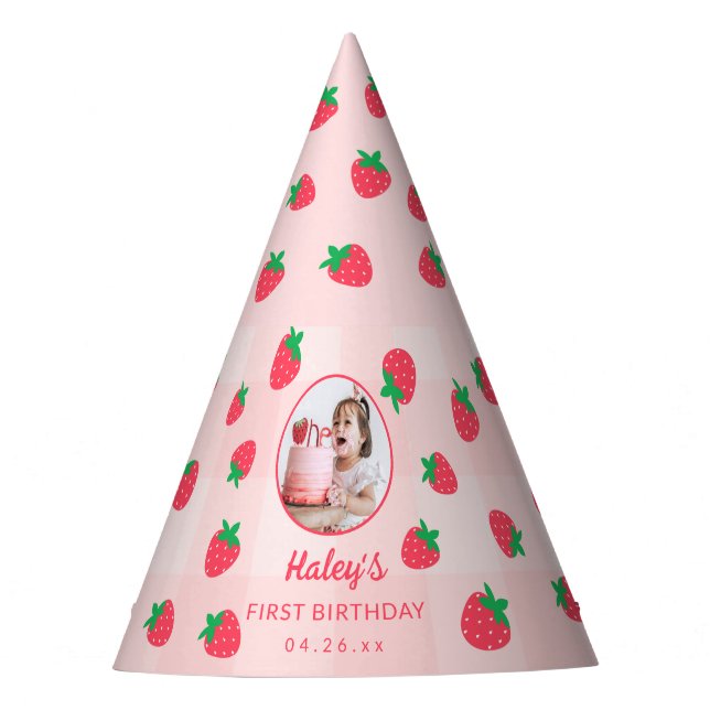 Strawberry Pink Berry First Baby Birthday Foto Partyhütchen (Vorderseite)