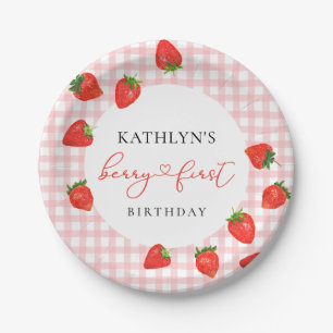 Strawberry Pink Berry First Kariert Gingham Birthd Pappteller