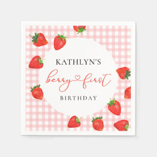 Strawberry Pink Berry First Kariert Gingham Birthd Serviette