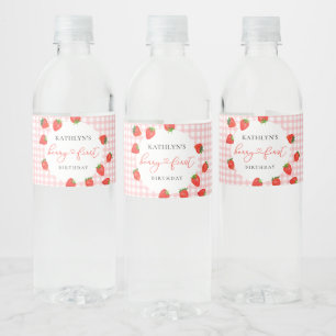 Strawberry Pink Berry First Kariert Gingham Birthd Wasserflaschenetikett