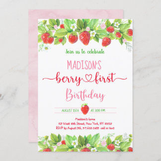 Strawberry Pink Floral Berry Erster Geburtstag Einladung