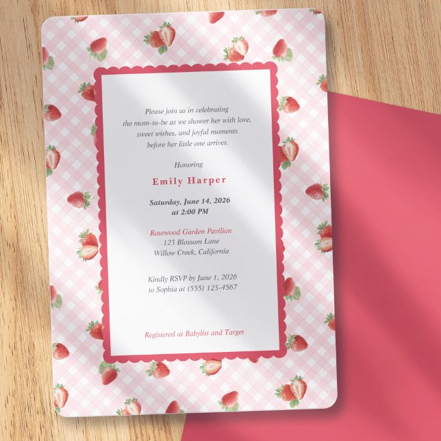 Strawberry Pink Gingham Baby Girl Shower Einladung (Spring Fruits Themed Baby Shower, Strawberry Pink Gingham-Baby Girl Shower Invitations)