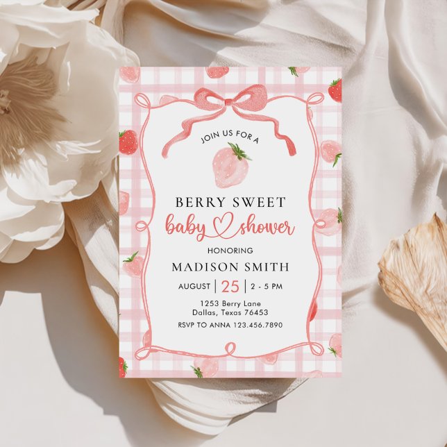 Strawberry Pink Gingham Girl Baby Shower Einladung (Von Creator hochgeladen)