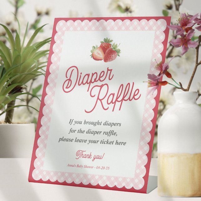 Strawberry Pink Gingham Themed Diaper Raffle Game Sockelschild (Strawberry Themed-Berry Sweet Baby Shower Diaper Raffle Sign.)