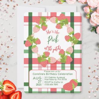 Strawberry Pink Green Kariert Geburtstag Einladung