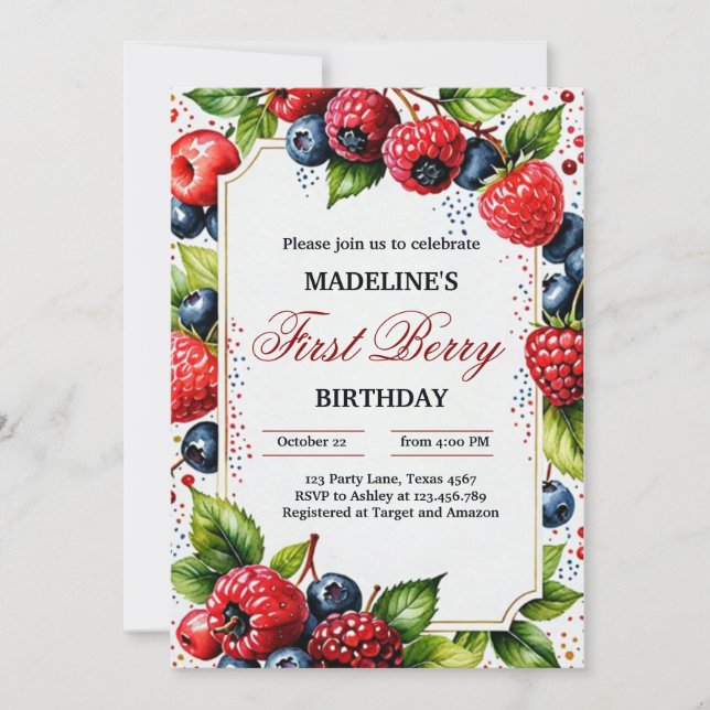 Strawberry Raspberry Berry Erster Geburtstag Teil Einladung (Vorderseite)