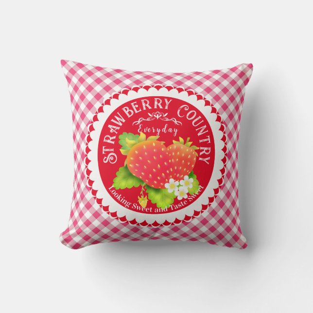 Strawberry Red Gingham Throw Pillow Kissen (Vorderseite)