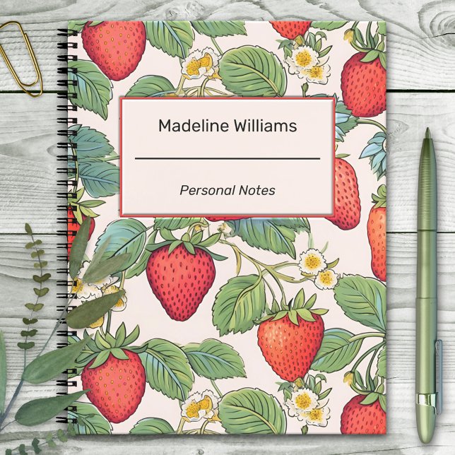 Strawberry Red Pattern Notizbuch (Notebook featuring a strawberry pattern on the front and red polka dot pattern on the back)