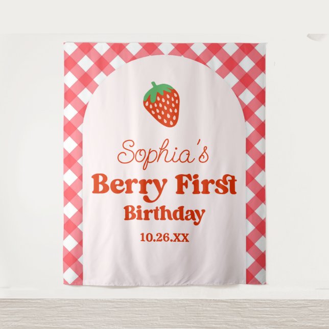 Strawberry Red Pink Berry Erster Geburtstag Party Wandteppich (Vorderseite)