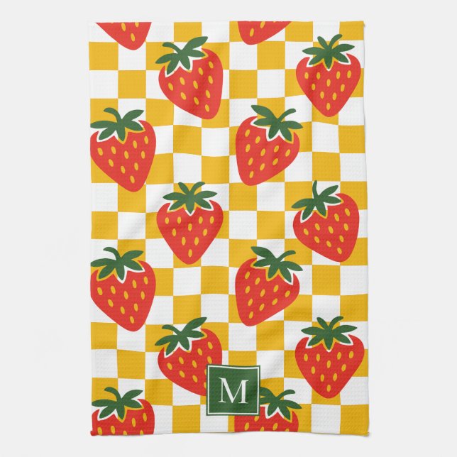 Strawberry Rustic Farmhouse Checkered Monogram Geschirrtuch (Vertikal)