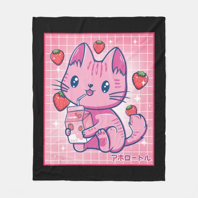 Strawberry Shake Strawberry Milk Kat Kawaii Neko G Fleecedecke (Vorderseite)