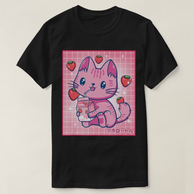 Strawberry Shake Strawberry Milk Kat Kawaii Neko G T-Shirt (Design vorne)